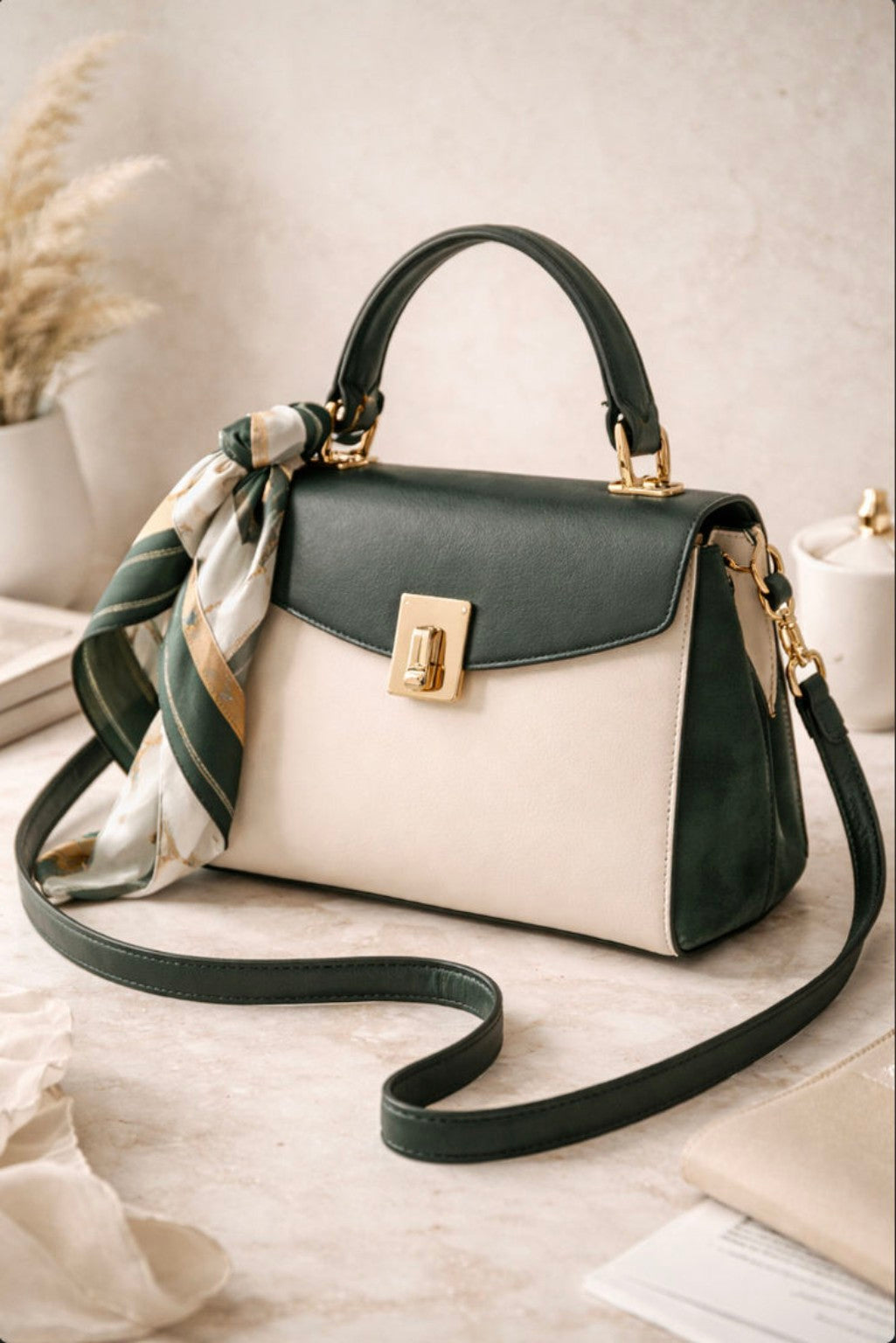 Luxury Two-Tone Structured Handbag with Scarf Detail – Limited Edition