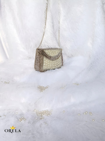 Vintage Pearl Embellished Silver Sling Clutch
