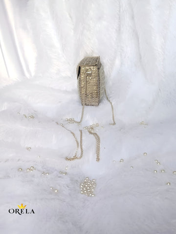 Vintage Pearl Embellished Silver Sling Clutch