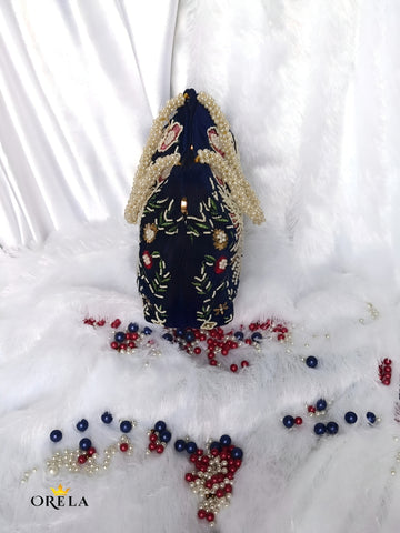 Orela Royal Neavy Blue Pearl Embroidered Potli Clutch