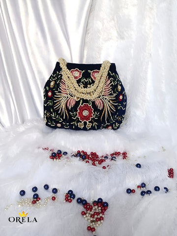 Orela Royal Neavy Blue Pearl Embroidered Potli Clutch