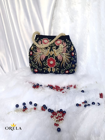 Orela Royal Neavy Blue Pearl Embroidered Potli Clutch