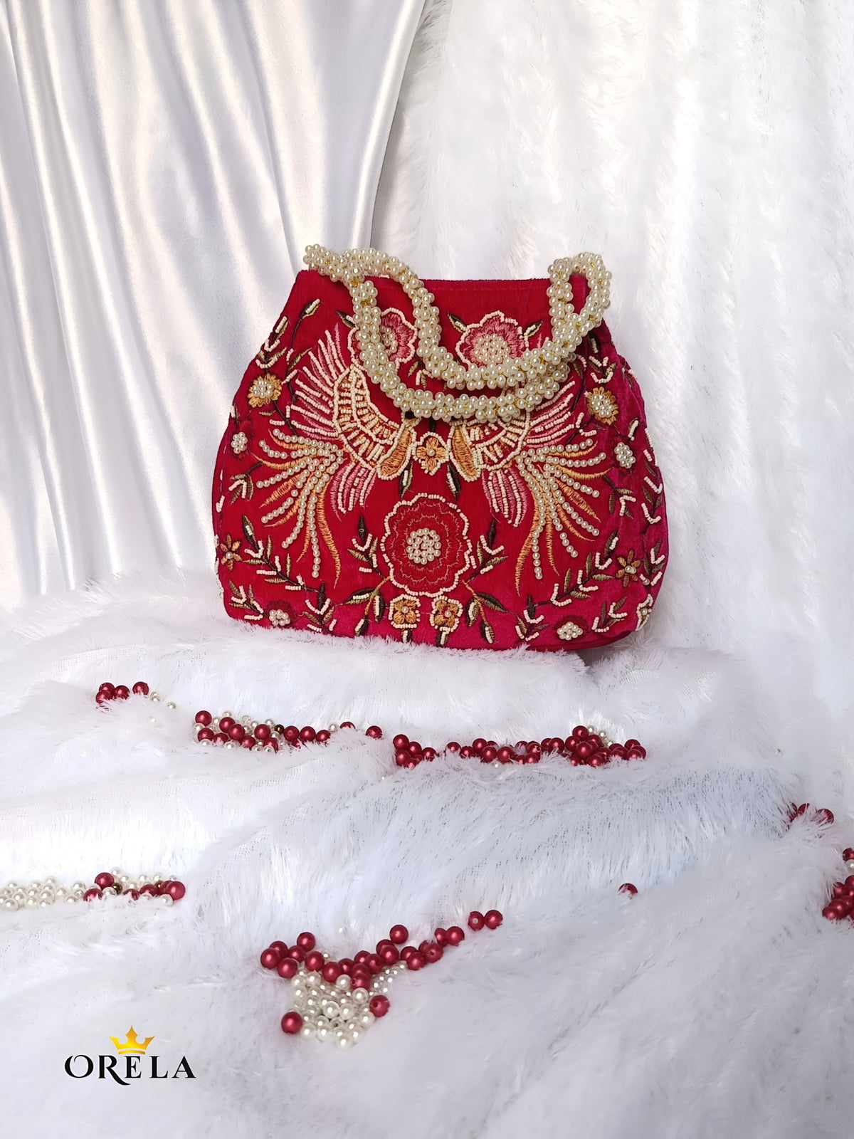 Orela Royal Hot Crimson Pearl Embroidered Bridal Potli Clutch
