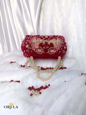 Orela Royal Hot Crimson Pearl Embroidered Bridal Potli Clutch