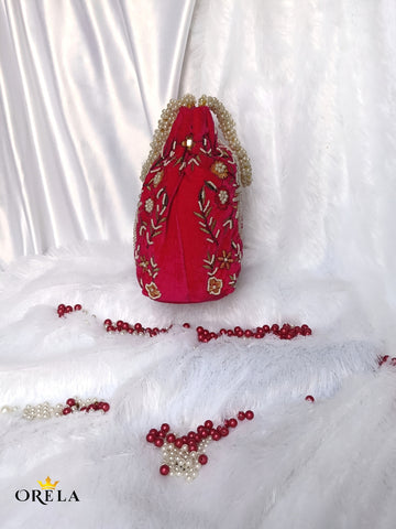 Orela Royal Hot Crimson Pearl Embroidered Bridal Potli Clutch