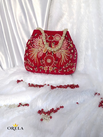 Orela Royal Hot Crimson Pearl Embroidered Bridal Potli Clutch