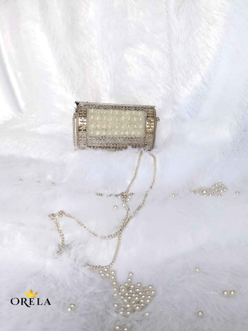 Elegant Pearl Embellished Silver Clutch For Women