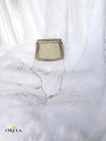 Vintage Pearl Embellished Silver Sling Clutch